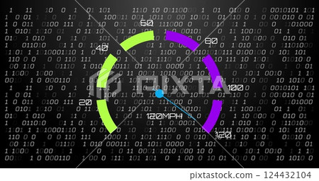 Image of digital data processing over speedometer and binary coding Image of digital data processing over speedometer and binary coding 124432104