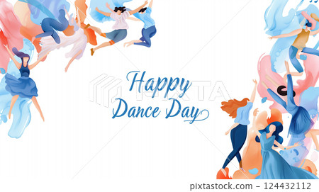 Colorful illustration celebrating happy dance day with cheerful text 124432112