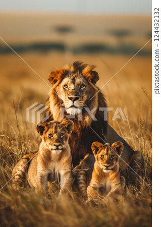 Majestic lion family with cubs in natural habitat on african savanna 124432132