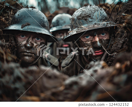 Photograph capturing world war I soldiers in muddy trenches facing enemies 124432152
