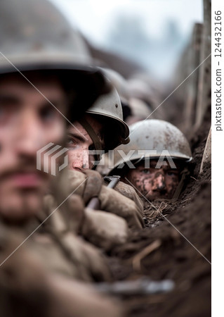 Photograph capturing world war I soldiers in muddy trenches facing enemies 124432166