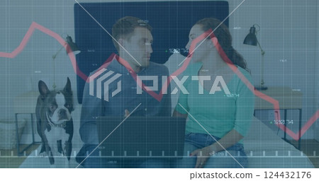Financial graph image over couple with laptop and dog on bed Financial graph image over couple with laptop and dog on bed 124432176