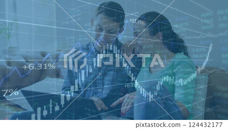Financial data and stock market image over diverse people analyzing information Financial data and stock market image over diverse people analyzing information 124432177