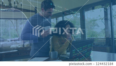 Analyzing financial data over diverse business people working on laptop in office Analyzing financial data over diverse business people working on laptop in office 124432184