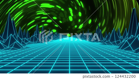 Neon grid landscape with green swirling image in background Neon grid landscape with green swirling image in background 124432200