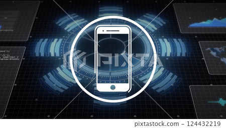 Smartphone icon over futuristic digital interface with data charts 124432219