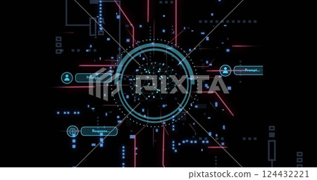 Digital brain network and data processing image over dark background with neon lines 124432221