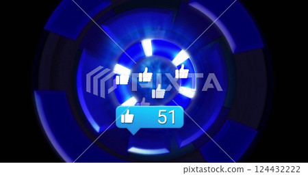 Thumbs up icons and 38 text over blue circular image background Thumbs up icons and 38 text over blue circular image background 124432222