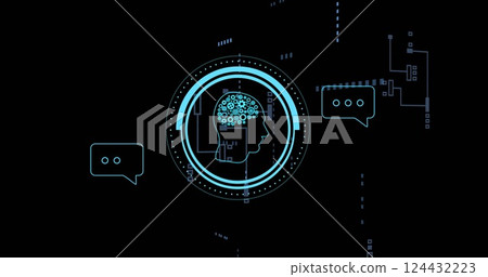 Human head with brain gears and chat bubbles, artificial intelligence concept image Human head with brain gears and chat bubbles, artificial intelligence concept image 124432223