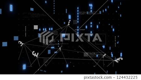 Currency symbols and network connections image over digital data background Currency symbols and network connections image over digital data background 124432225