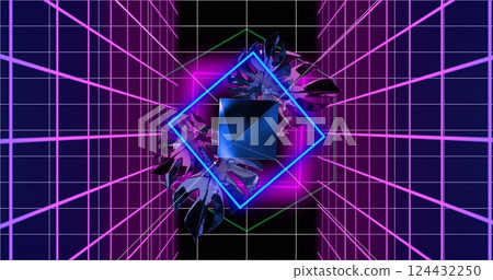 Geometric shapes and neon grid image creating futuristic digital tunnel effect 124432250