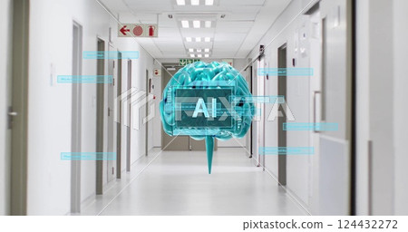 AI brain model and data processing image over hospital corridor AI brain model and data processing image over hospital corridor 124432272