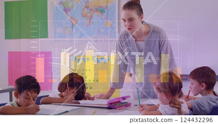 Teacher assisting children with schoolwork, data analysis image over classroom scene Teacher assisting children with schoolwork, data analysis image over classroom scene 124432296