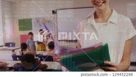 Financial data processing image over teacher and students in classroom Financial data processing image over teacher and students in classroom 124432298