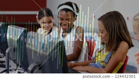 Financial data processing image over children using computers in classroom 124432301
