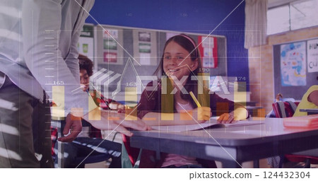 Financial data processing image over students studying in classroom Financial data processing image over students studying in classroom 124432304