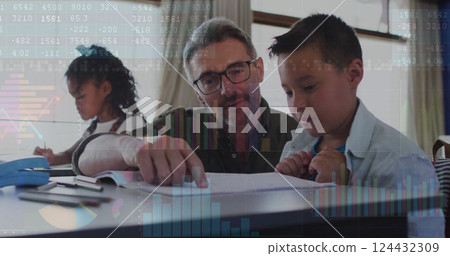 Financial data and graphs image over teacher helping students with schoolwork Financial data and graphs image over teacher helping students with schoolwork 124432309