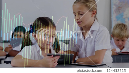 Financial data analysis image over school children using tablets in classroom 124432315
