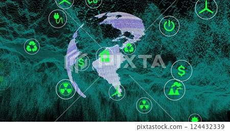 Sustainability icons and green energy symbols image over digital globe 124432339