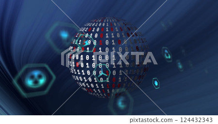 Rotating globe of binary code with hexagonal icons, digital data processing image Rotating globe of binary code with hexagonal icons, digital data processing image 124432343