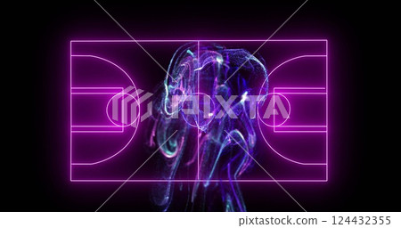 Neon basketball court lines with swirling abstract image in center Neon basketball court lines with swirling abstract image in center 124432355