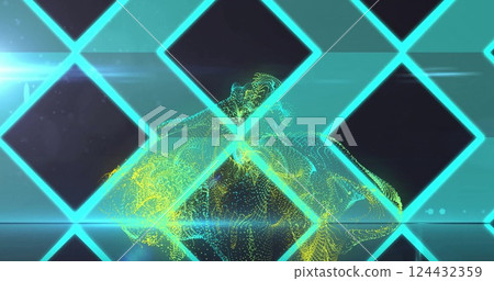 Geometric shapes and glowing lines image over abstract digital landscape Geometric shapes and glowing lines image over abstract digital landscape 124432359