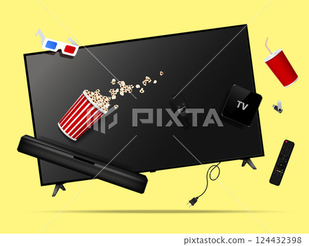 Modern smart tv, remote control, soundbar, tv box, popcorn, cola cup, 3d glasses and flash drive levitation in the air 124432398