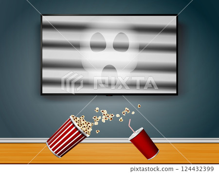 Popcorn and cola dropped from hands during a scared while watching a horror movie Popcorn and cola dropped from hands during a scared while watching a horror movie 124432399