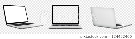 Laptop computer with white and empty screen, front and rear view isolated on transparent background Laptop computer with white and empty screen, front and rear view isolated on transparent background 124432400