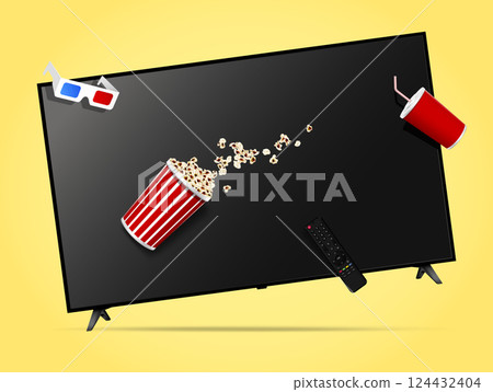 Realistic movie time illustration with levitation smart tv, remote control, popcorn bucket, cola cup and 3d glasses 124432404