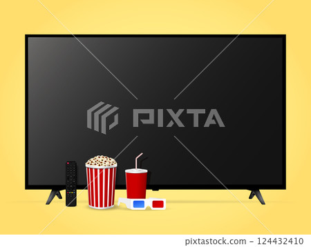 Online movie watching with tv screen, remote control, popcorn, cola, 3d glasses 124432410