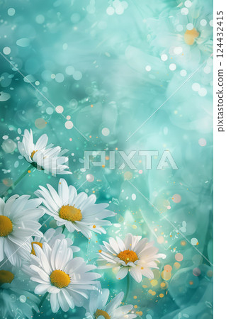 Delicate white daisies with yellow centers against soft pastel background 124432415