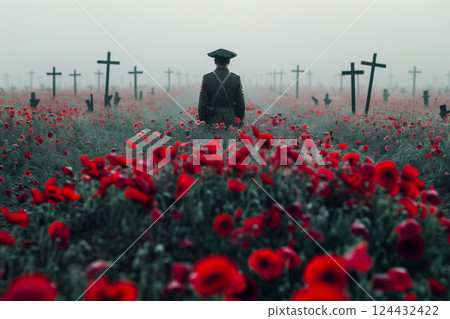 A soldier standing before an endless field of black crosses in world war I 124432422