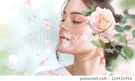 A beautiful woman surrounded by roses with heart-shaped petals in pastel colors A beautiful woman surrounded by roses with heart-shaped petals in pastel colors 124432458