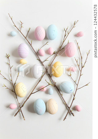 Vibrant easter concept featuring colorful eggs and willow twigs on white background 124432578