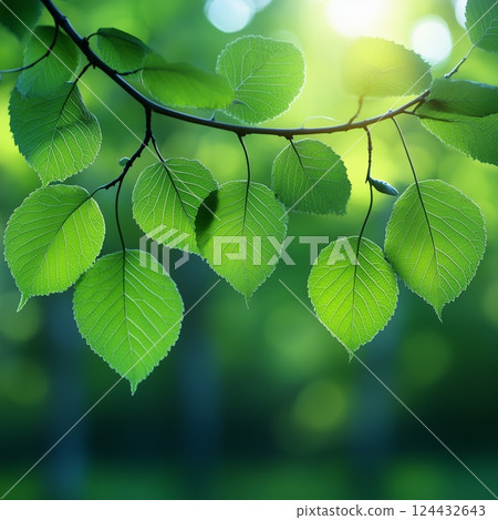 Fresh green leaves on a tree branch with sunlight filtering through 124432643
