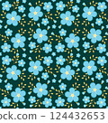 seamless pattern with blue flowers, twigs and buds on a dark background 124432653