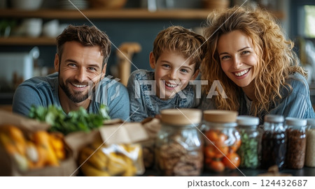 Happy family in sustainable grocery store with organic food and glass jars 124432687