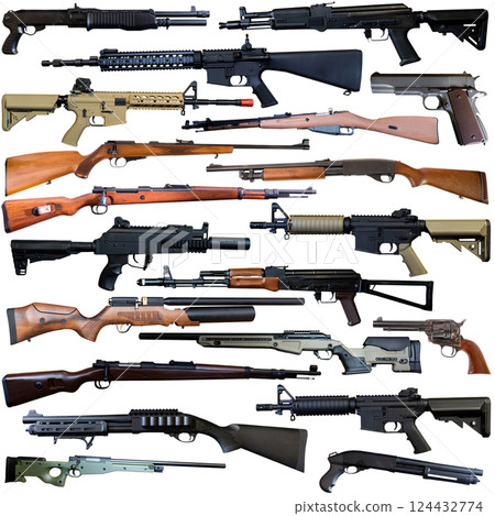 Weapons of various calibers on white background 124432774
