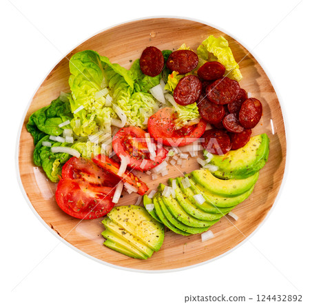 Lettuce and tomatoes served with chorizo and avocado 124432892