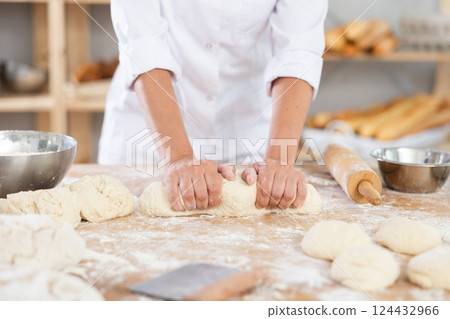 Baker rolling out dough close-up Baker rolling out dough close-up 124432966