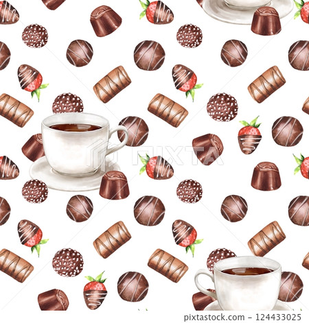 Chocolate candies and cup of coffee, watercolor seamless pattern. Hand drawn sweet background. Chocolate candies and cup of coffee, watercolor seamless pattern. Hand drawn sweet background. 124433025
