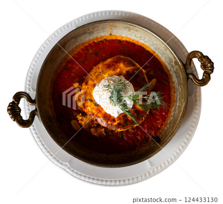 Bulgarian moussaka dish in a round plate 124433130