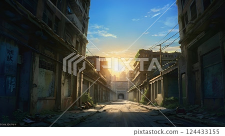 Game background: Street view of a backstreet in an abandoned slum area before dawn Game background: Street view of a backstreet in an abandoned slum area before dawn 124433155