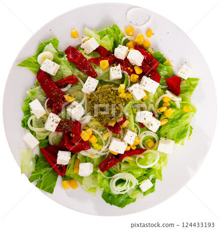 Fresh salad with vegetables, feta, and pesto for dinner Fresh salad with vegetables, feta, and pesto for dinner 124433193