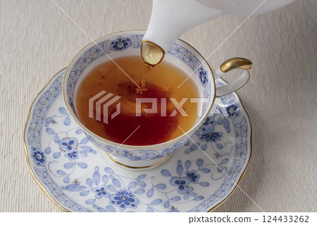Russian tea: Put jam into tea with a spoon. Pour tea. Russian tea: Put jam into tea with a spoon. Pour tea. 124433262