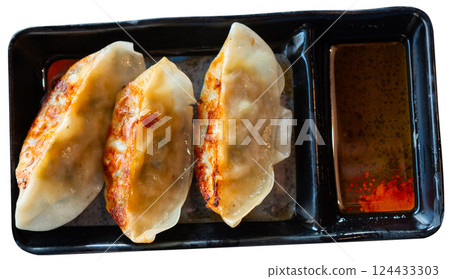 Japanese gyoza dumplings served on platter Japanese gyoza dumplings served on platter 124433303