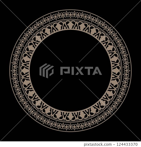 Oriental vector gold round frame with arabesques and floral elements. Gold floral round frame. Template for laser cutting, invitation, greeting card, engraving, porcelain, embroidery, textile. Oriental vector gold round frame with arabesques and floral elements. Gold floral round frame. Template for laser cutting, invitation, greeting card, engraving, porcelain, embroidery, textile. 124433370