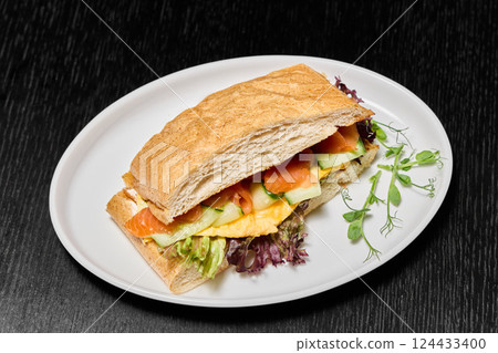 A Delicious and Fresh Sandwich Plated Beautifully with Various Colorful Vegetables A Delicious and Fresh Sandwich Plated Beautifully with Various Colorful Vegetables 124433400