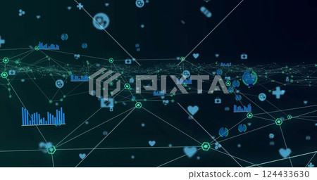 Image of network of connections with medical icons on black background Image of network of connections with medical icons on black background 124433630